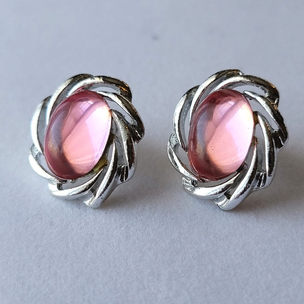 Pretty Pink Silver Tone Swirl Cabochon Flower Earrings